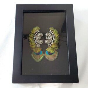 Vintage ASHLOCK Peacock Feather Earrings Art Framed Wall Decor Shadow Box